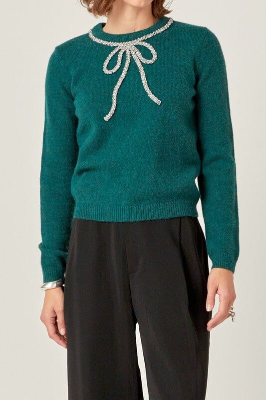 Jeweled Rhinestone Bow Sweater English Factory