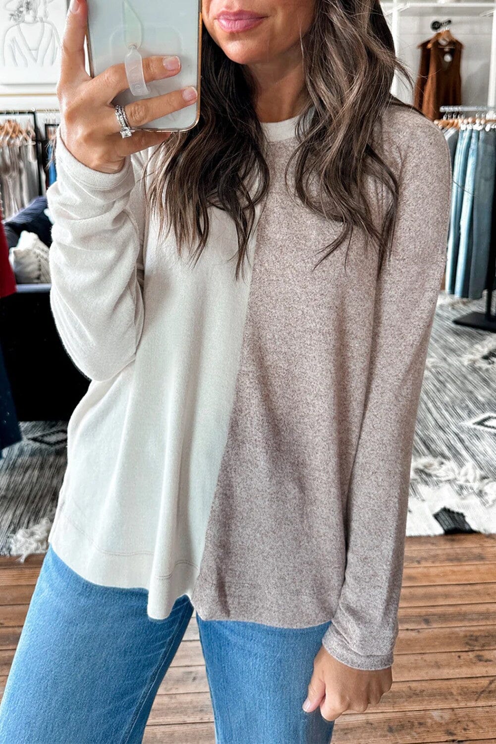 Khaki Two Tone Contrast Long Sleeve Top Youmi