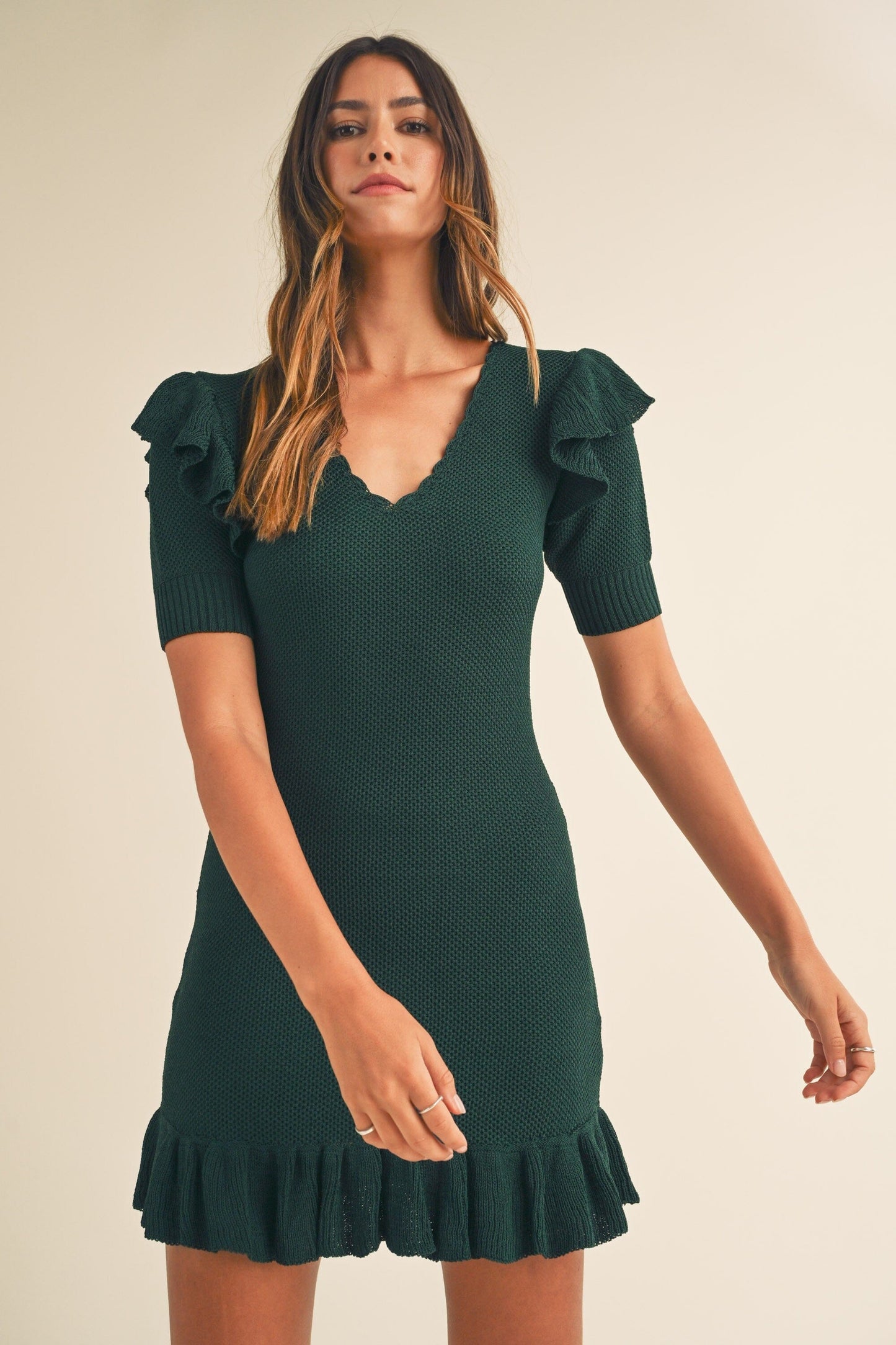 KNIT SHORT SLEEVE SHOULDER RUFFLE MINI DRESS Mable