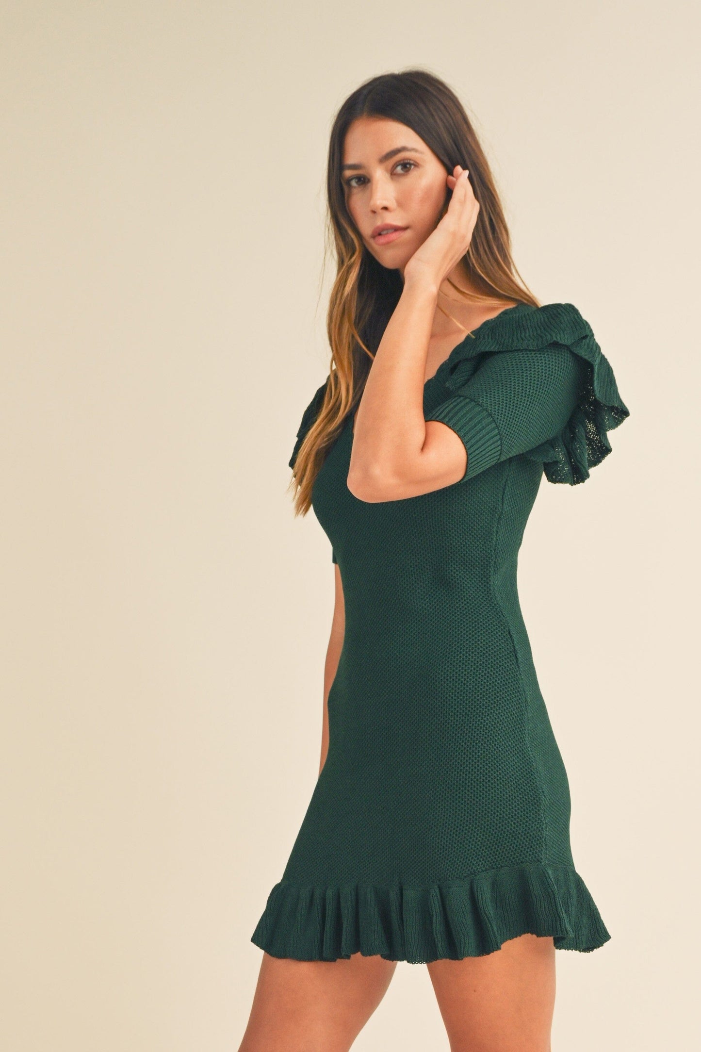 KNIT SHORT SLEEVE SHOULDER RUFFLE MINI DRESS Mable