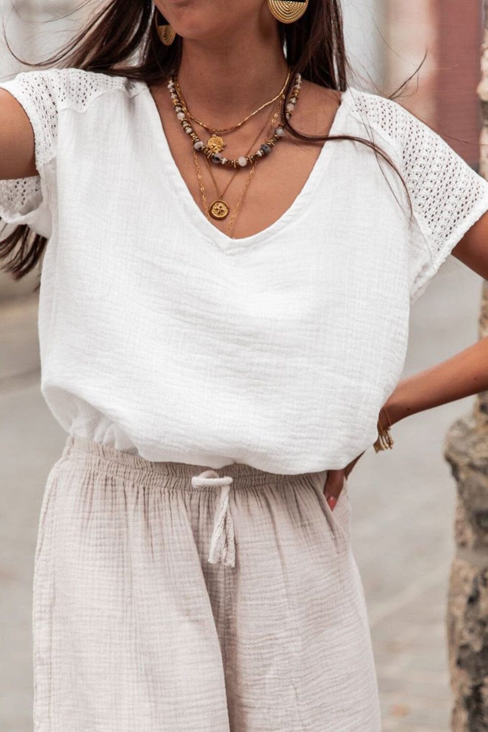Lace Crochet Textured Button Back Blouse jupiter and me