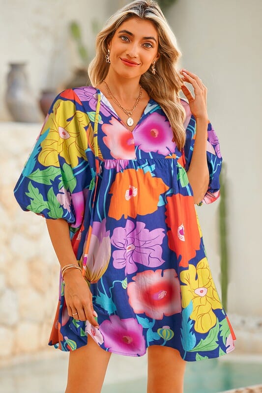 Lantern Sleeve Bold Floral Dress Shewin