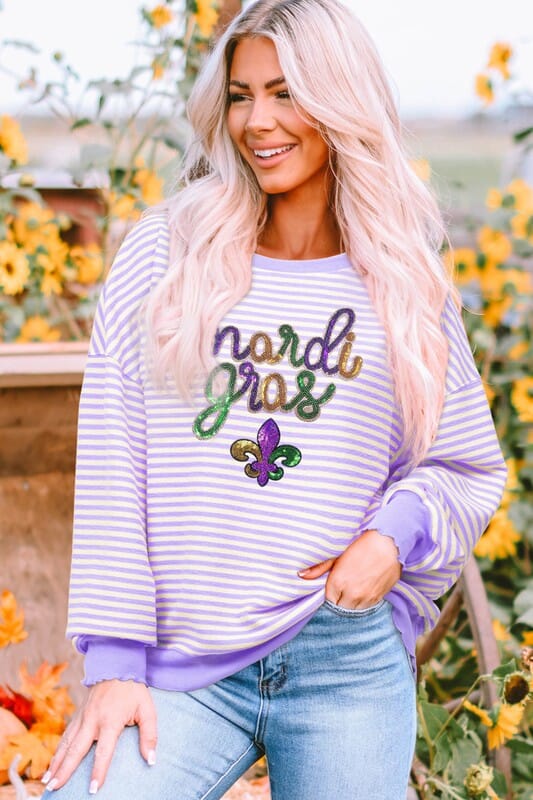 Lavender Stripe Sequin Mardi Gras Top Kentce
