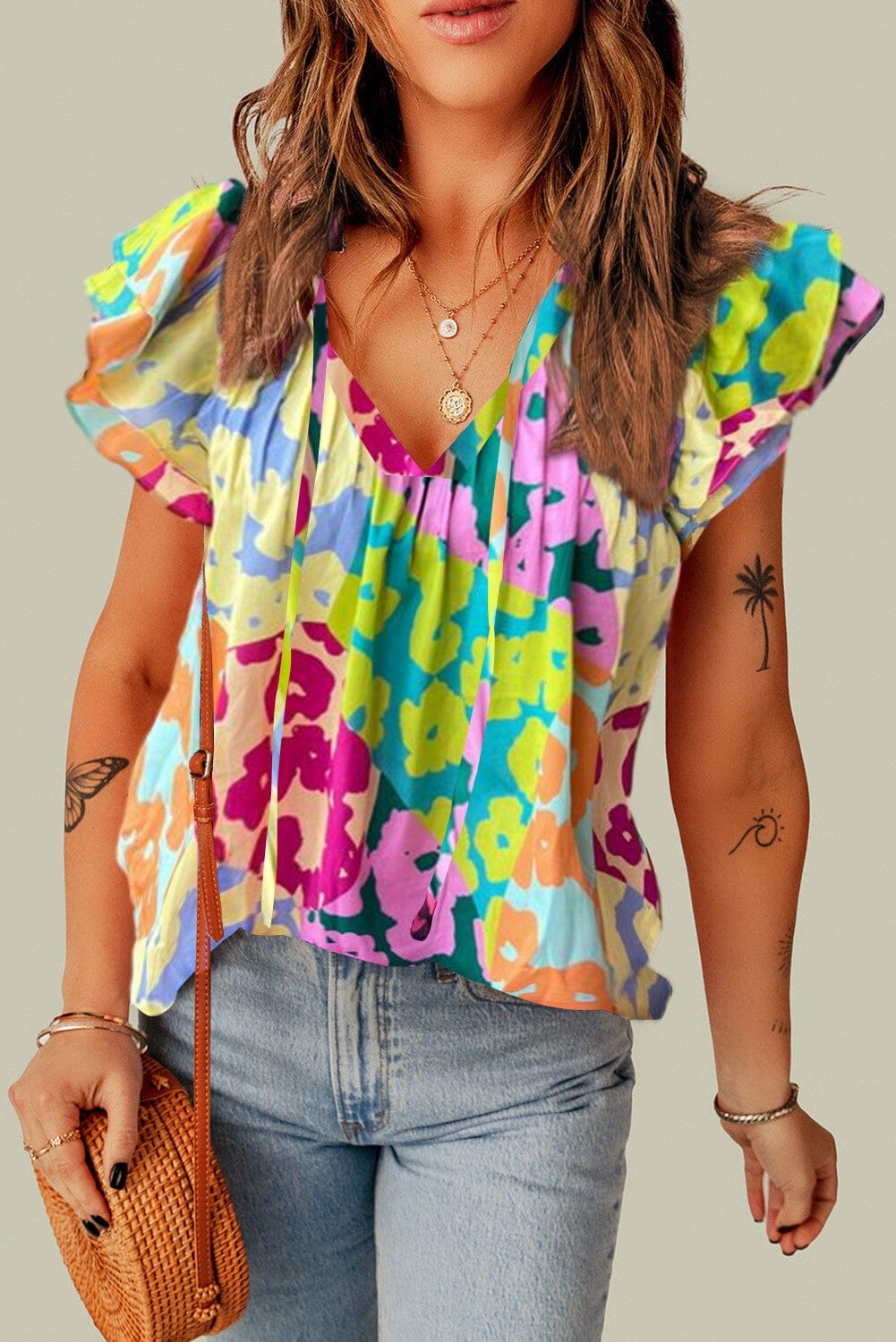 Leopard Flutter Sleeve V Neck Crinkled Blouse Shewin