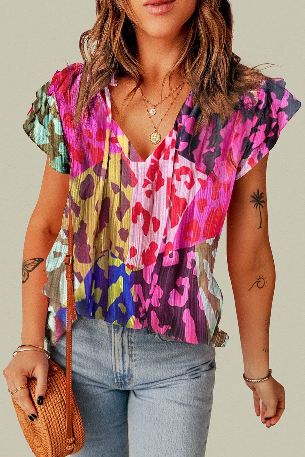 Leopard Flutter Sleeve V Neck Crinkled Blouse Shewin
