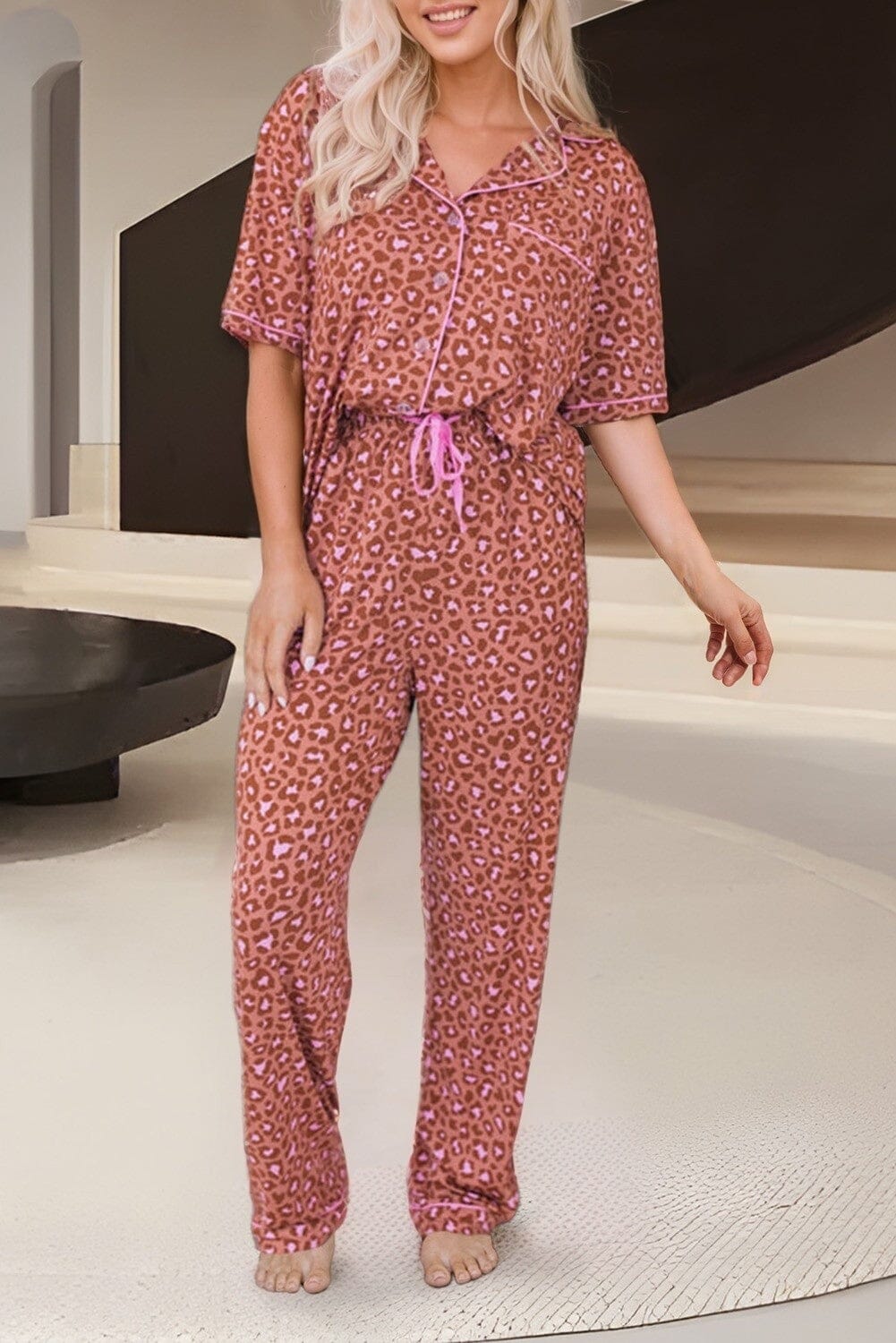 Leopard Print Short Sleeve Shirt Pants Pajamas Set jupiter and me