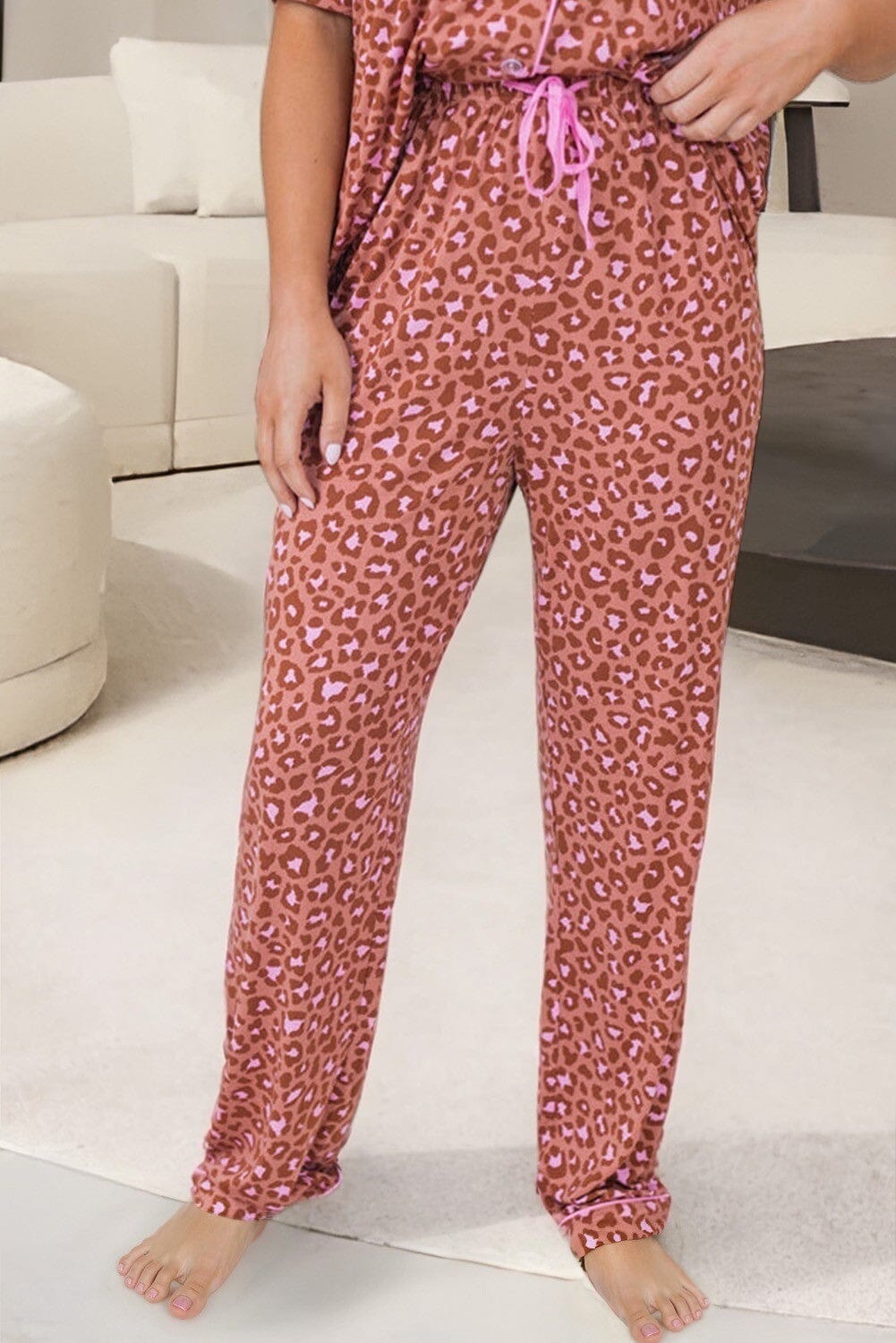 Leopard Print Short Sleeve Shirt Pants Pajamas Set jupiter and me