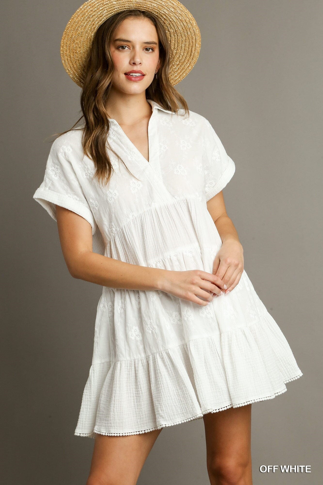 Linen and Eyelet Collared Dress Umgee