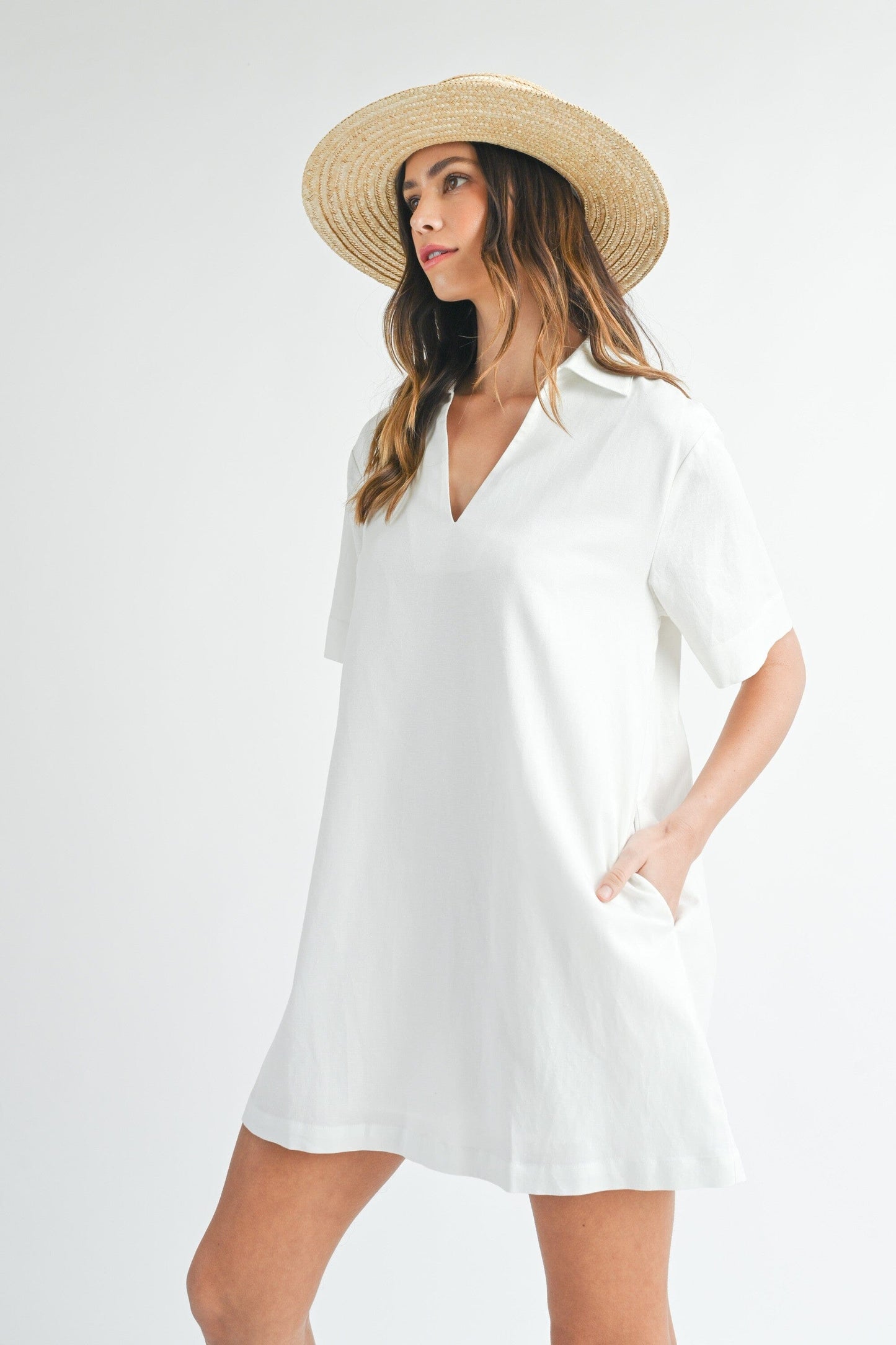 LINEN MIX COLLARED SHIRT SHIFT MINI DRESS Mable