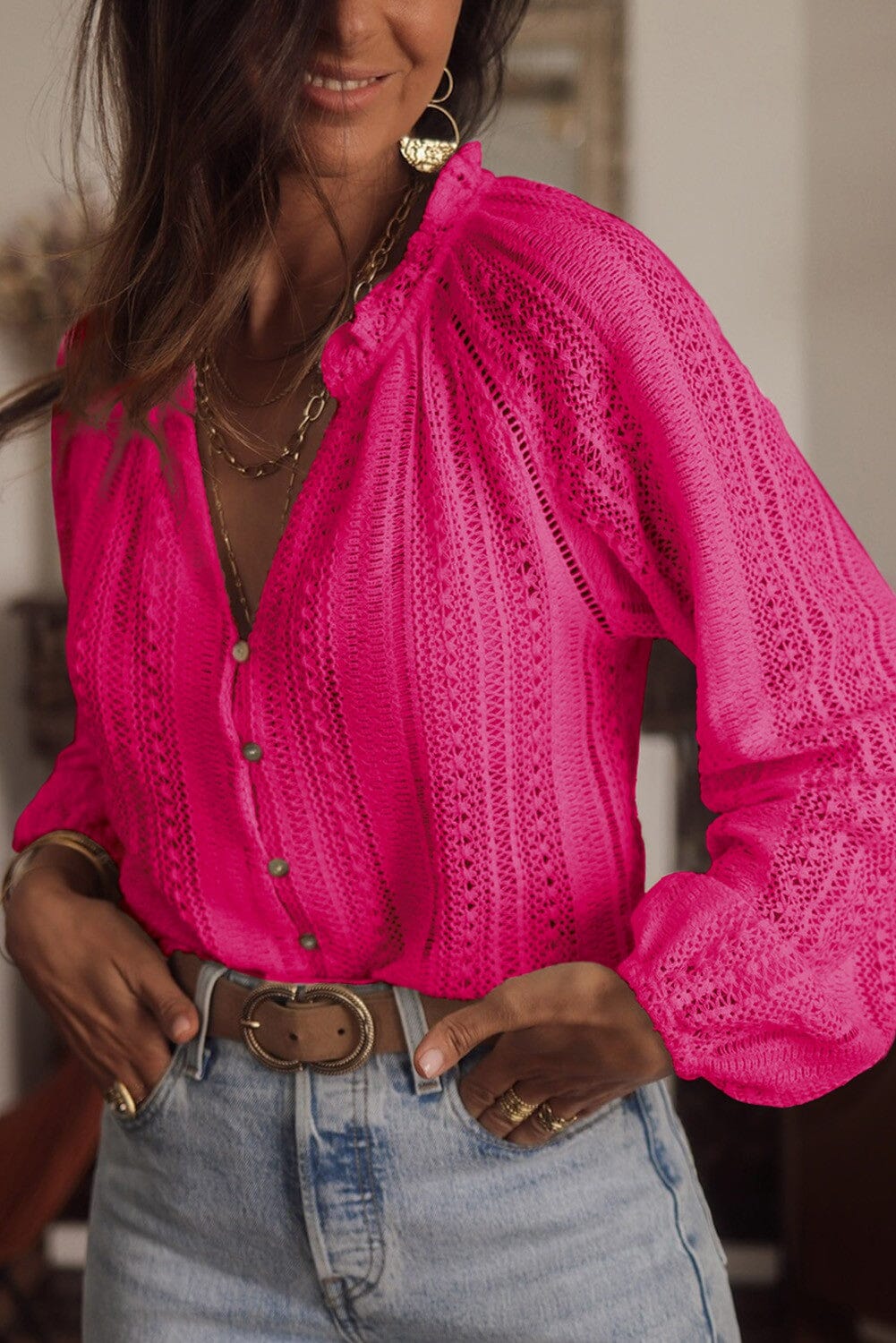 Long Sleeve Button Up Lace Shirt Youmi