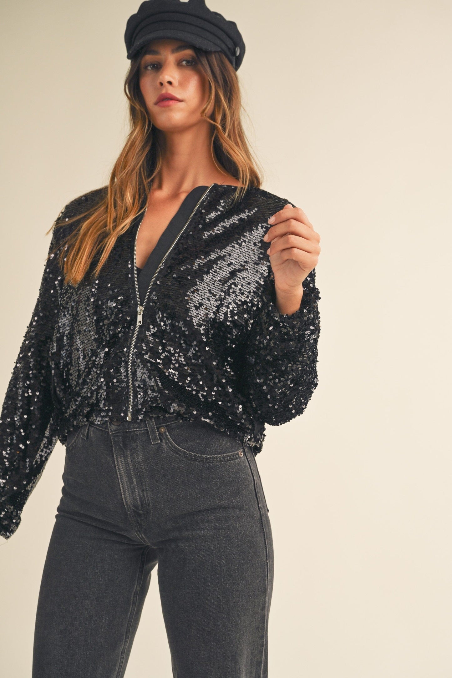 LONG SLEEVE SEQUIN ZIP UP BOMBER JACKET Mable