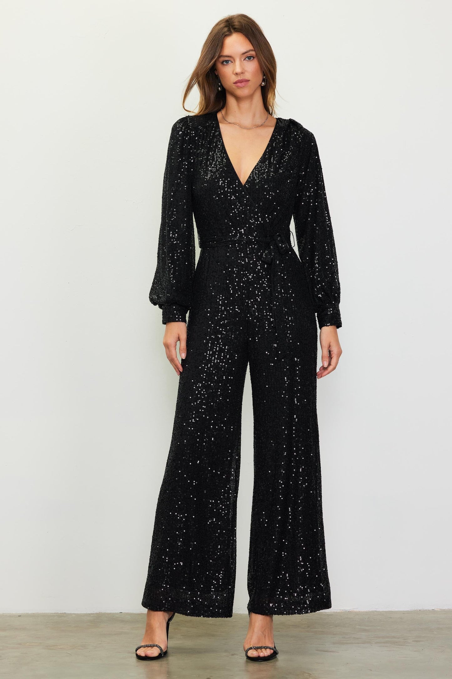 LONG SLEEVE V NECK SEQUIN JUMPSUIT skies are blue