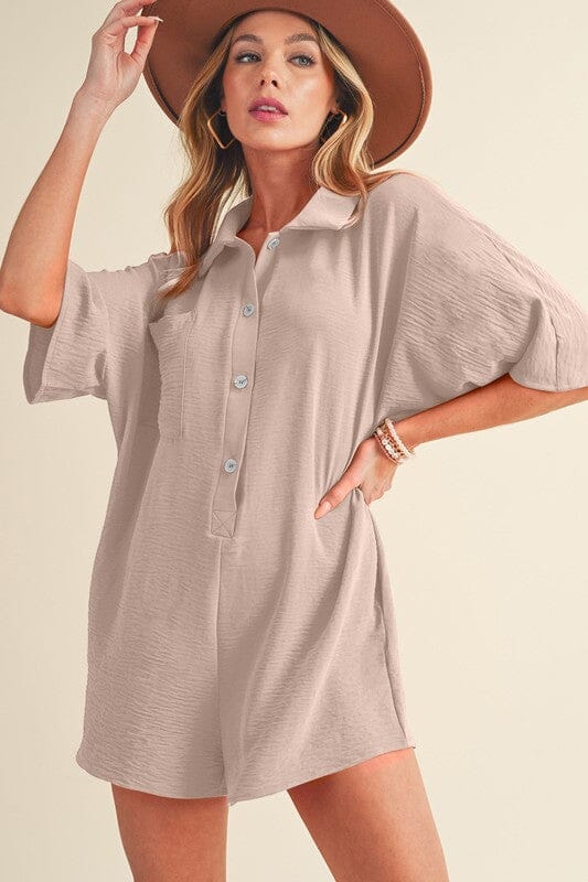Loose Fit Button Up Romper Shewin small Taupe