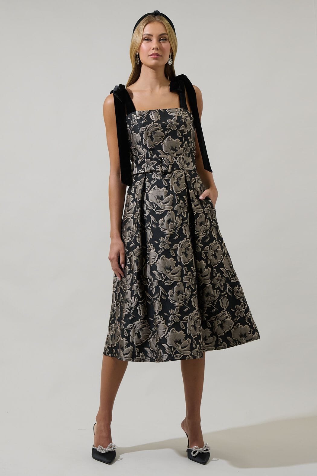 Lyla Jacquard Midi with Velvet Bow Shoulders Sugarlips