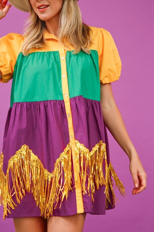 Mardi Gras Color Block Dress with Fringe Detail fantastic fawn