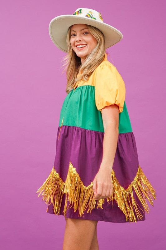 Mardi Gras Colorblock Poplin Dress with Fringe fantastic fawn