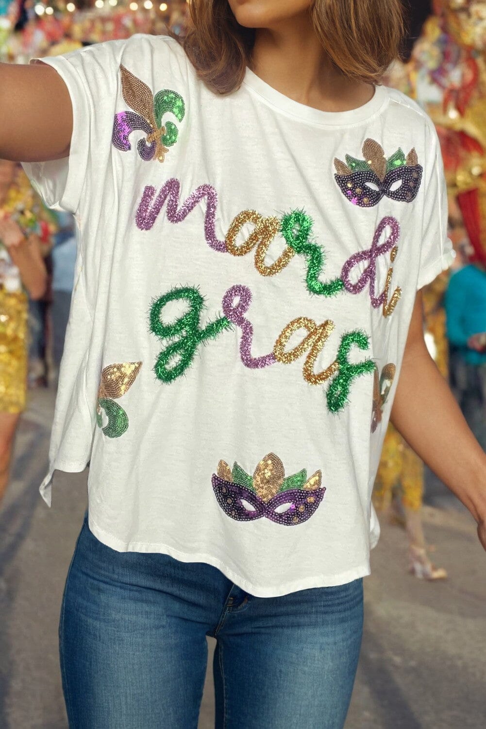 Mardi Gras Tinsel Sequin Graphic Tee Kentce