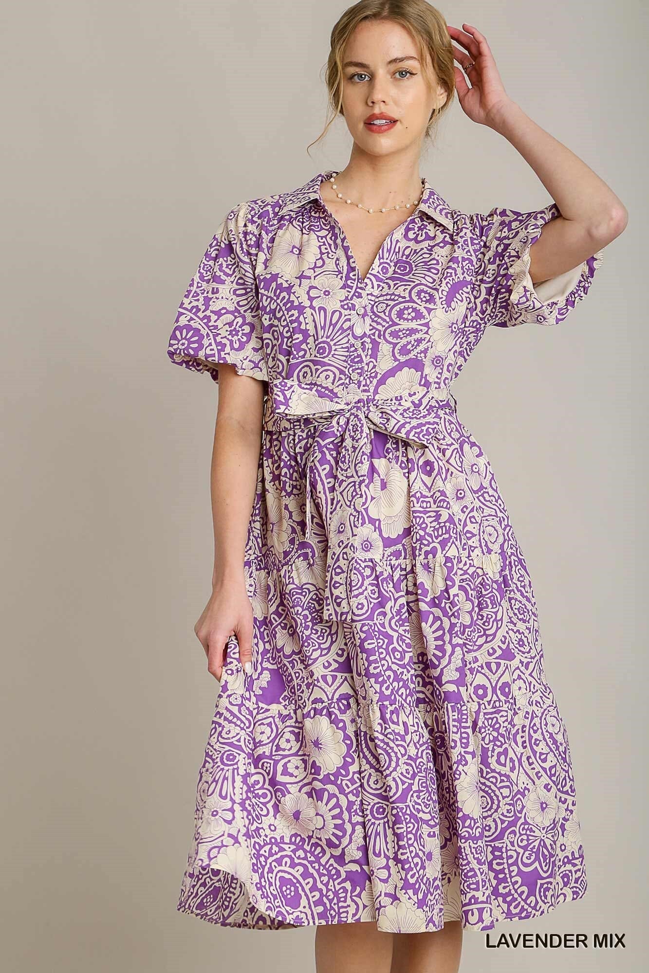Medallion Midi Puff Sleeve Dress Umgee