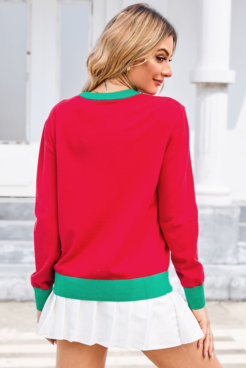 Merry & Bright Graphic Contrast Trim Sweater Kentce