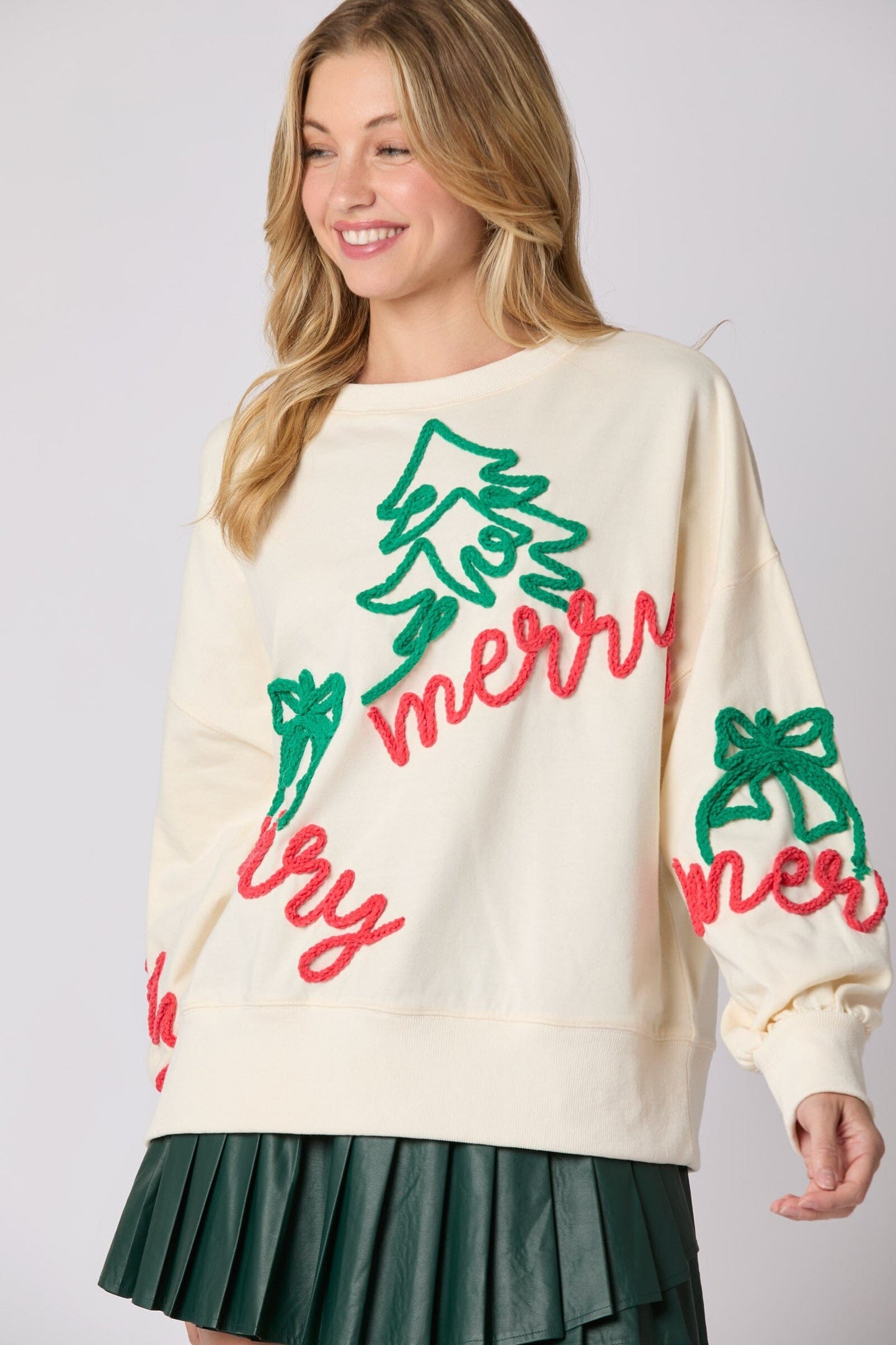 'Merry' Thread Embroidery Oversized Sweatshirts peach love california