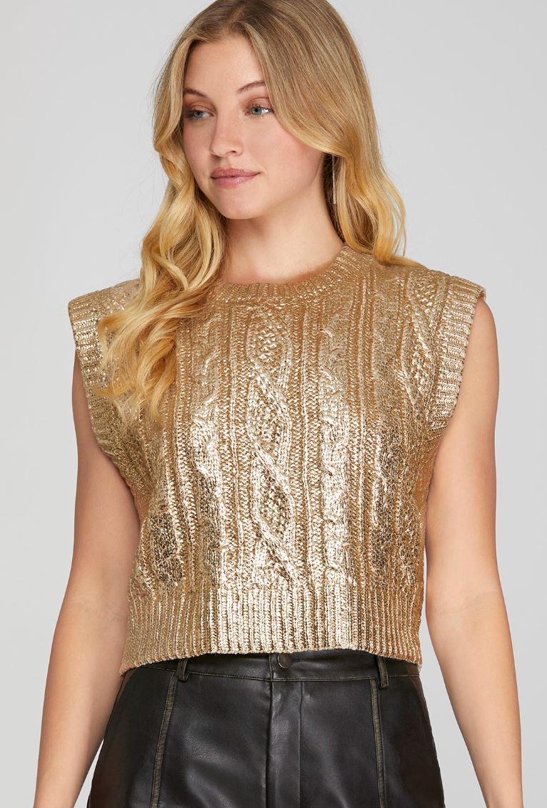 Metallic Gold Cable Knit Sweater she + sky