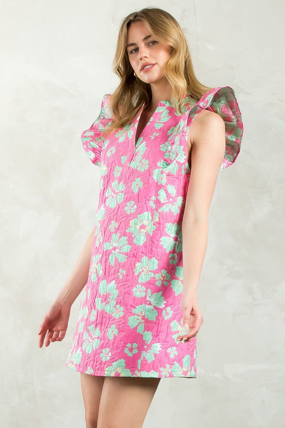Mint/Pink Sleeve Textured Dress thml