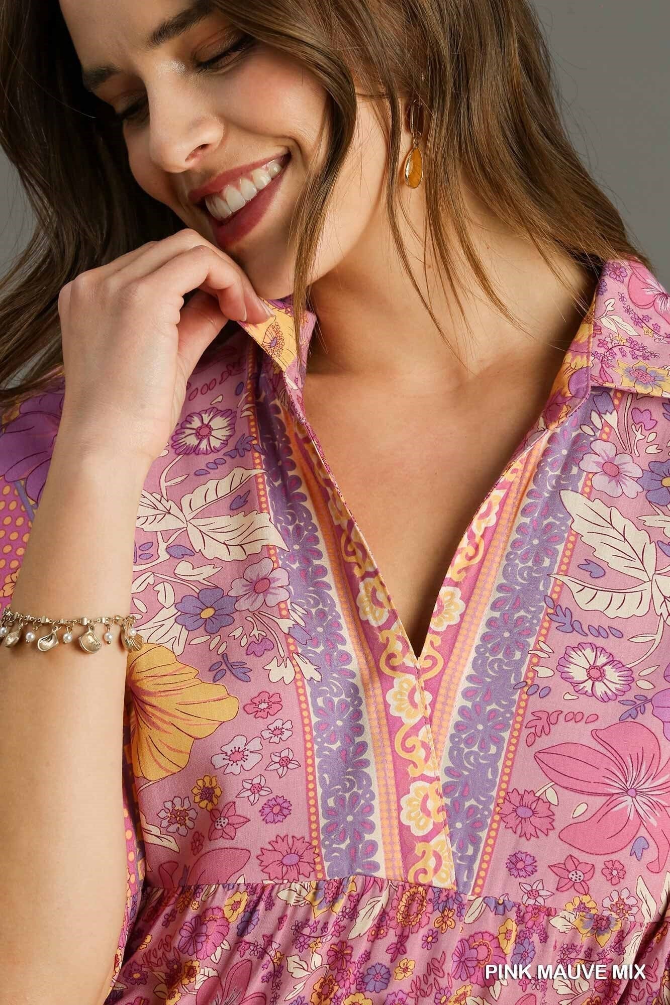 Mixed Border Print Collared Dress Umgee