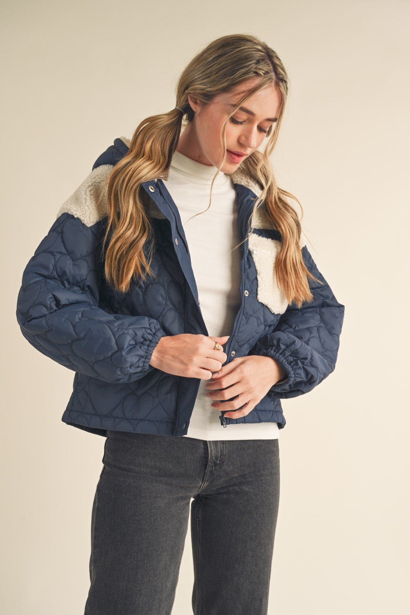 MIXED MEDIA PUFF JACKET WITH HOOD &merci