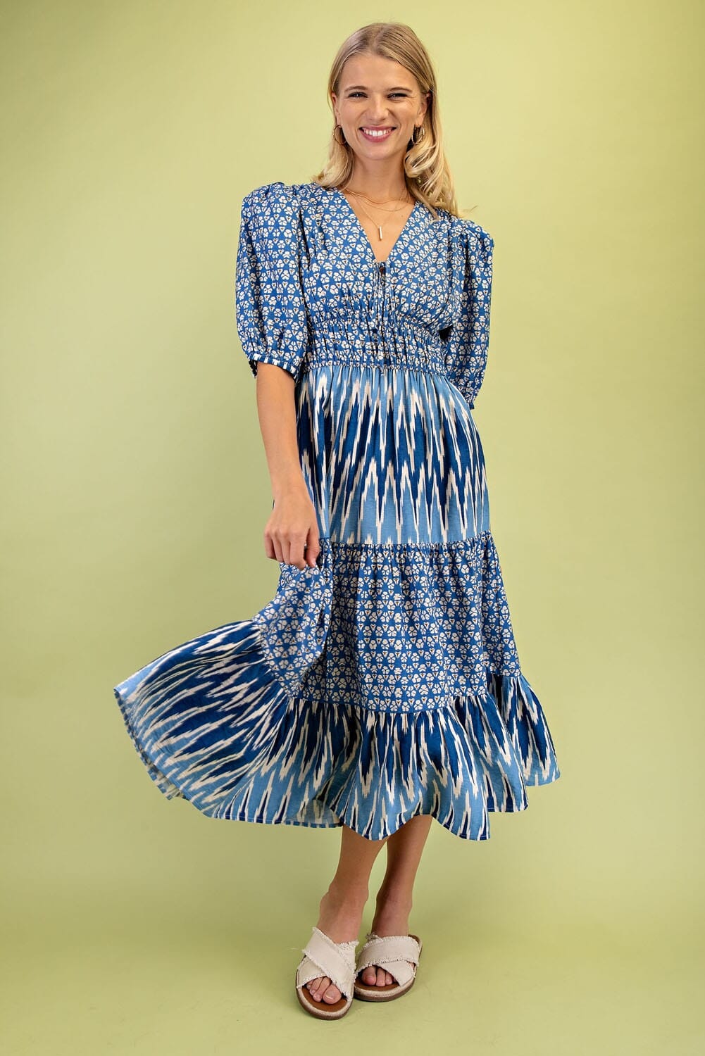 Mixed Print Tiered Midi Dress Gigio