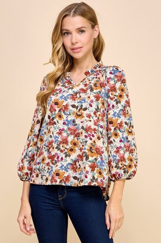 Mocha Floral Frill Neck Top les amis