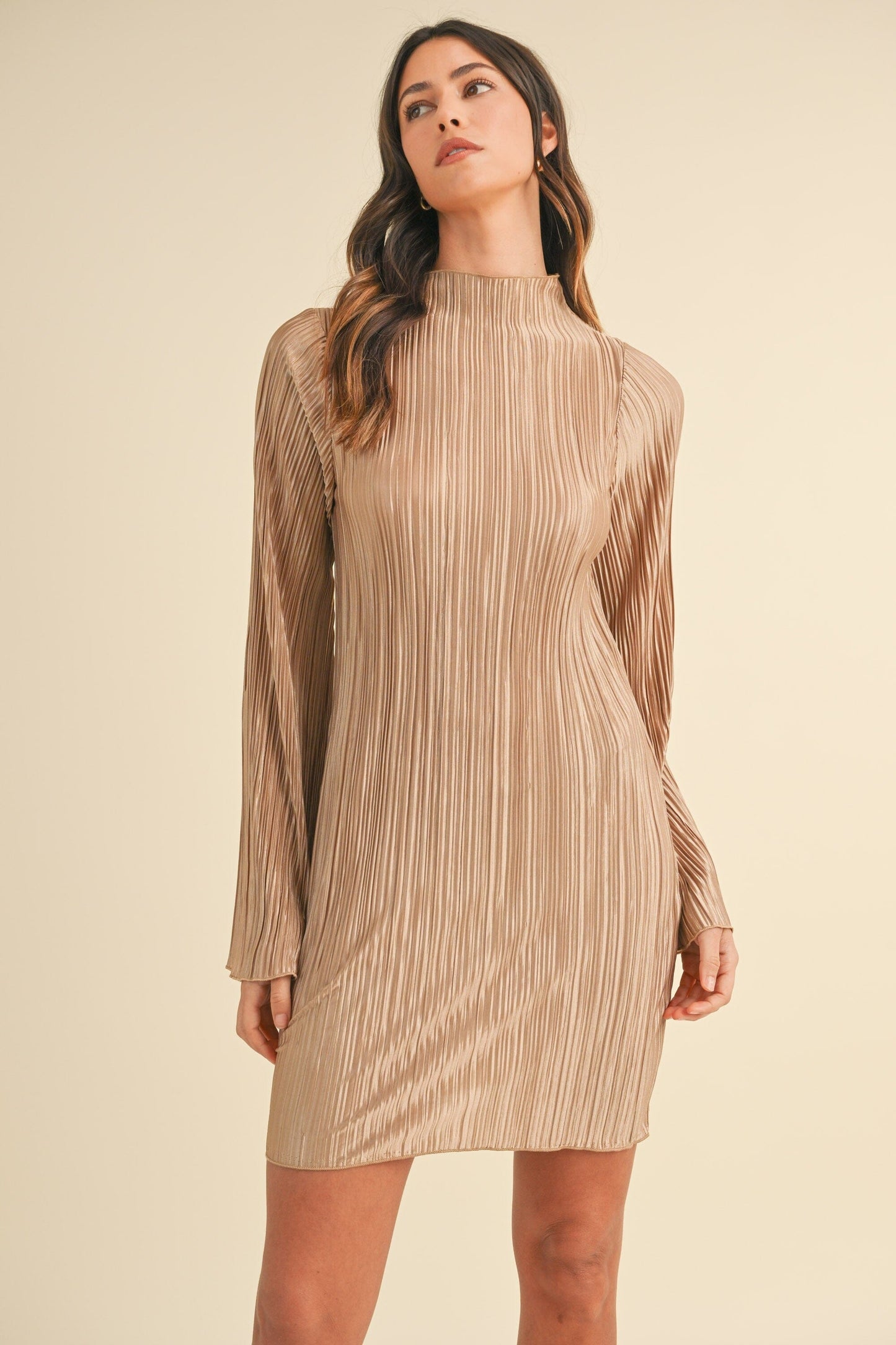 MOCK NECK BELL SLEEVE PLEATED SATIN MINI DRESS mable