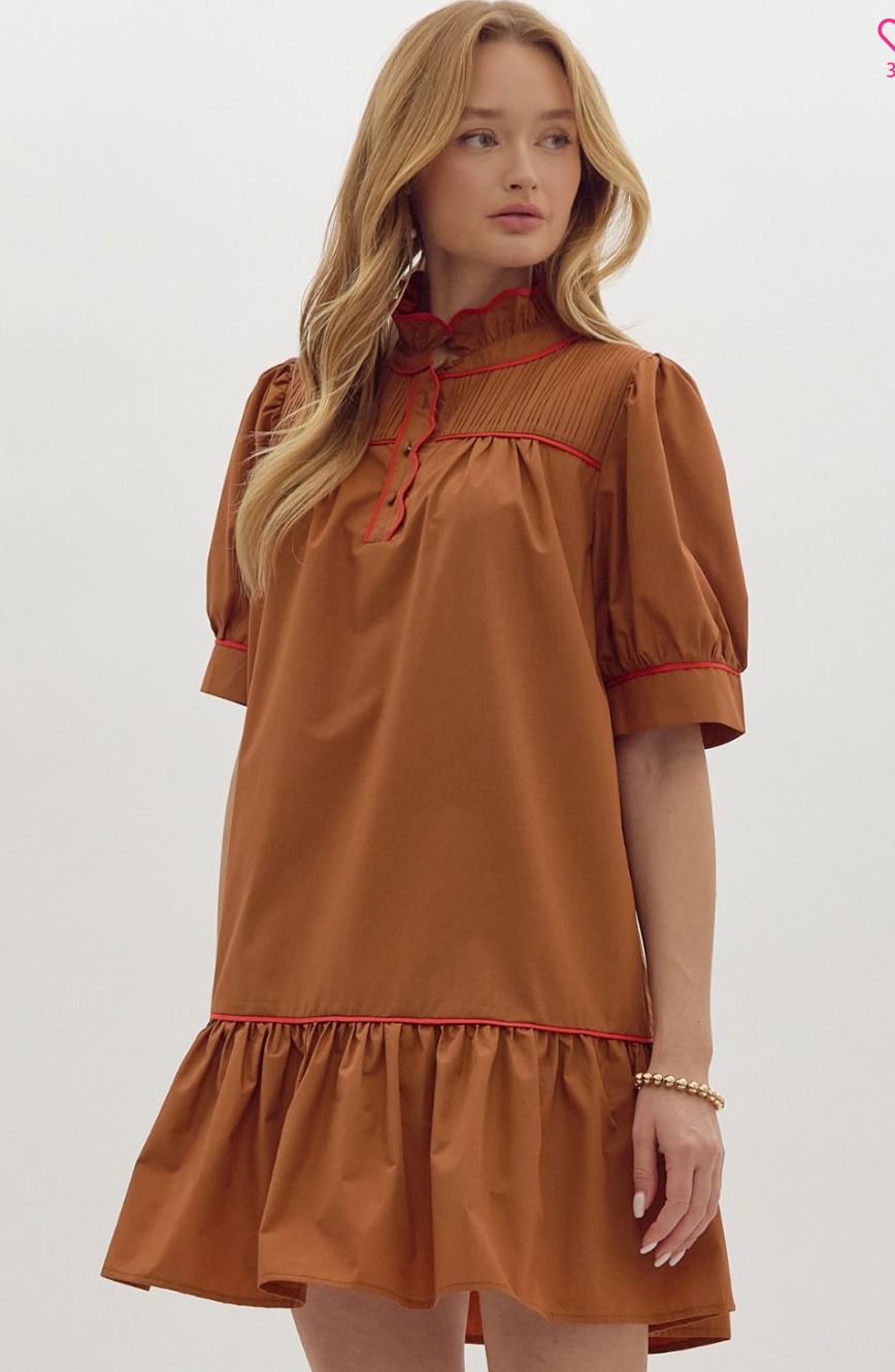Mock Neck Camel Dress w/ Red Trim entro