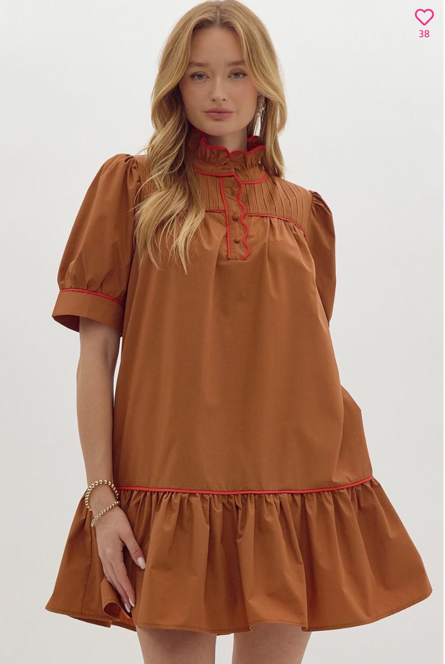 Mock Neck Camel Dress w/ Red Trim entro