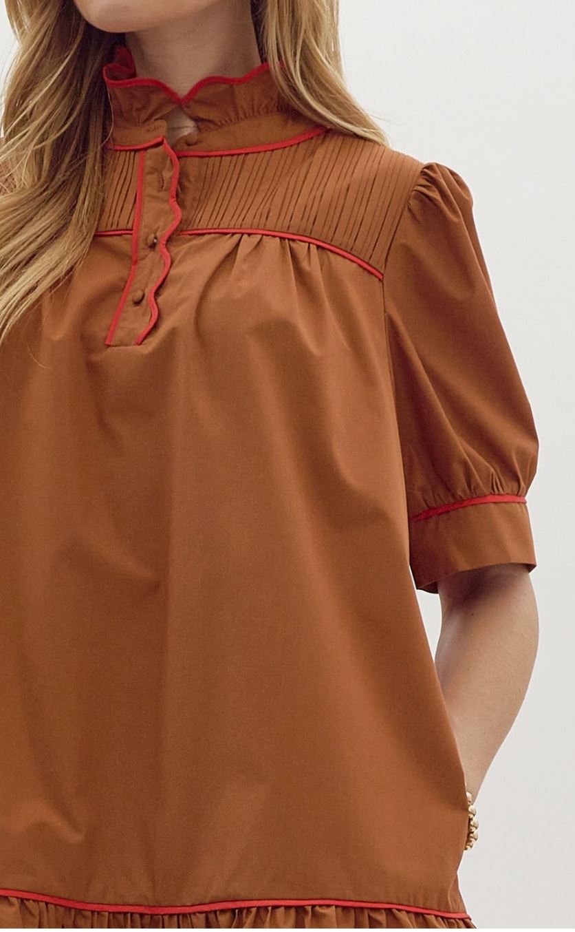 Mock Neck Camel Dress w/ Red Trim entro