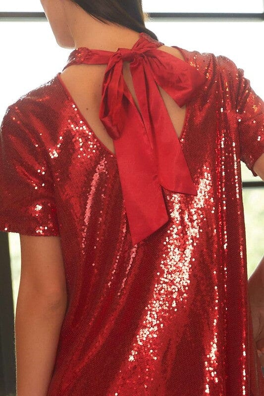 Mock Neck Sequin Bow Back Dress Main Strip
