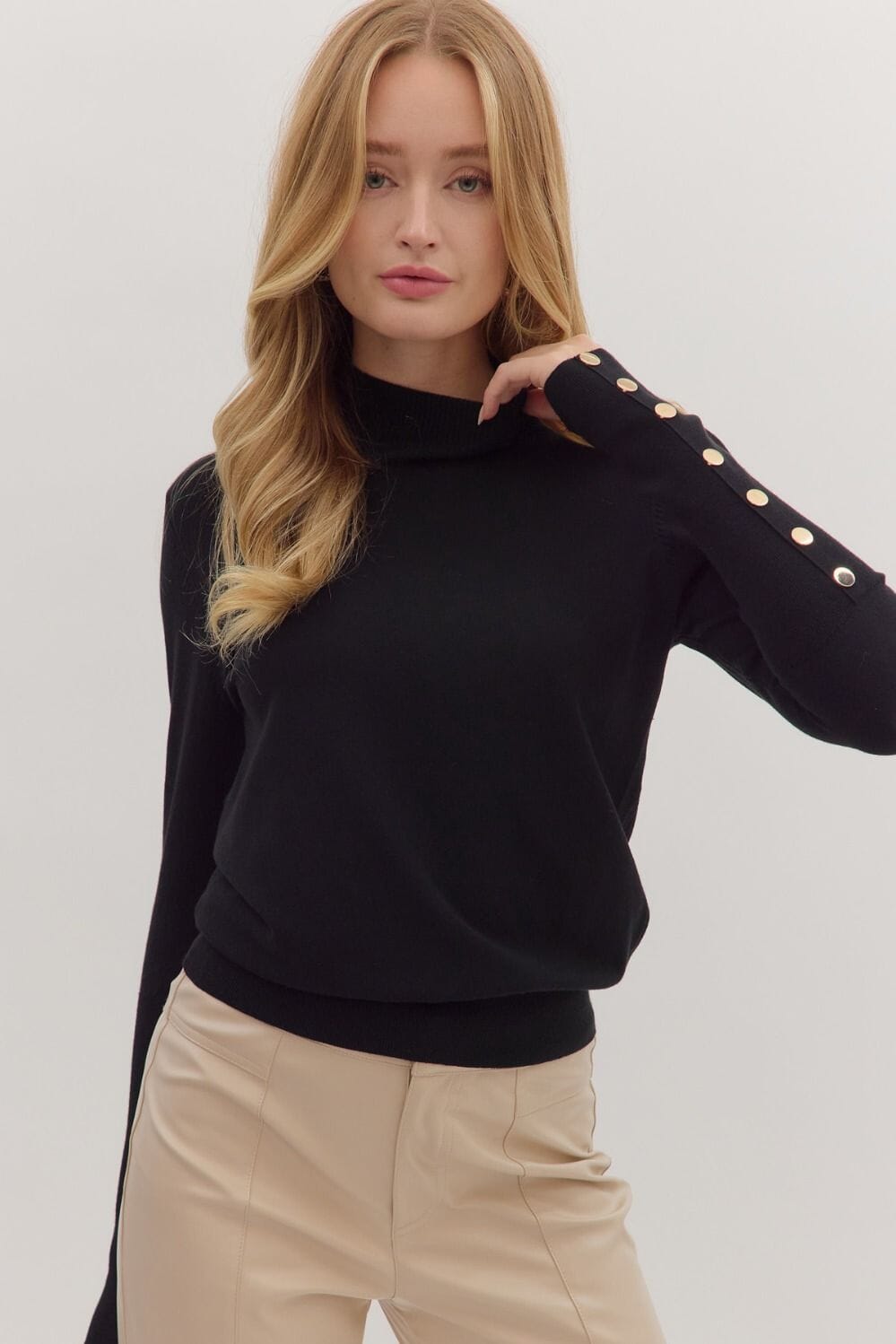 Mock Neck Sweater With Button Sleeve Detail Entro