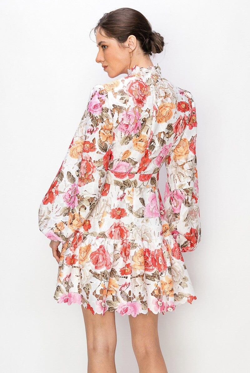 Mockneck Floral Print Lace Long sleeves Mini Dress INA