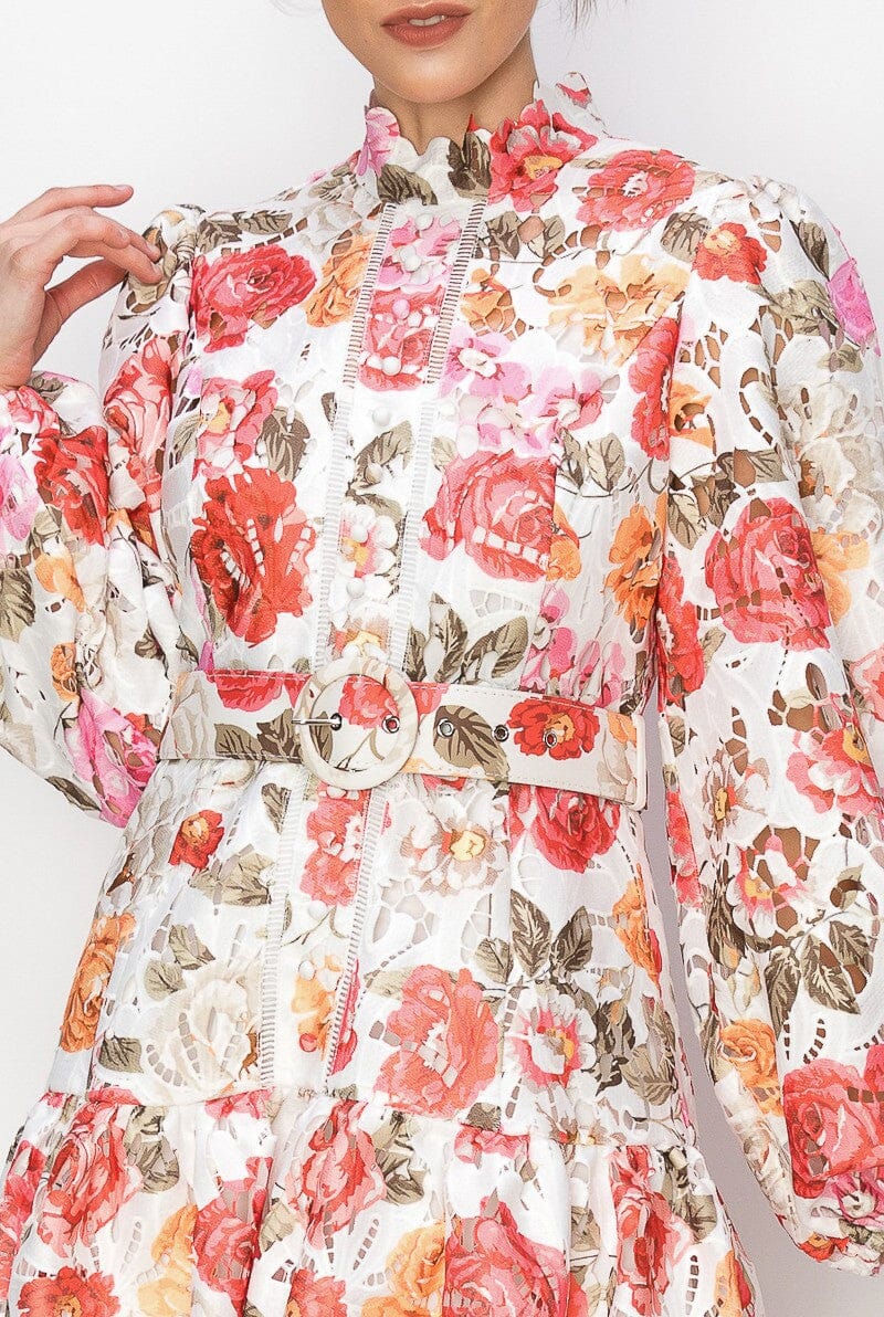 Mockneck Floral Print Lace Long sleeves Mini Dress INA