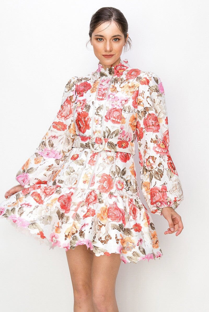 Mockneck Floral Print Lace Long sleeves Mini Dress INA