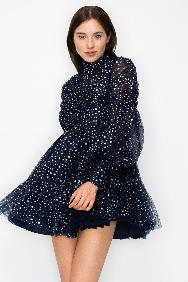 Mockneck Ruched Glitter Long Sleeve Mini Dress INA
