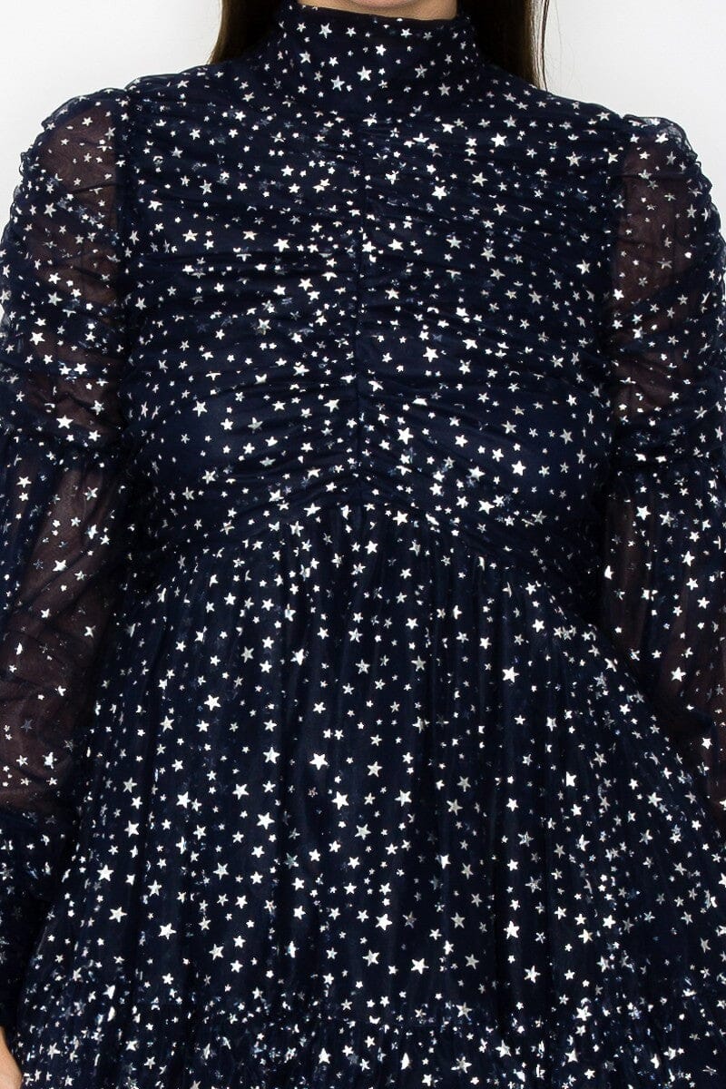Mockneck Ruched Glitter Long Sleeve Mini Dress INA
