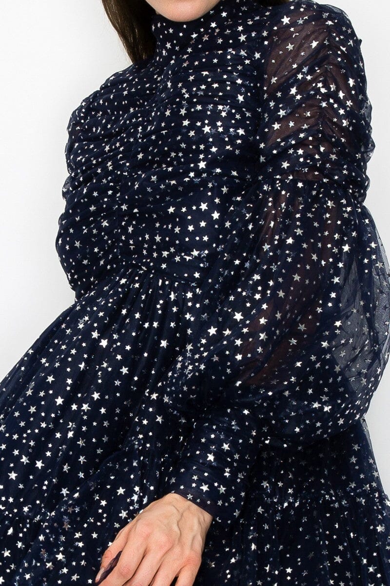 Mockneck Ruched Glitter Long Sleeve Mini Dress INA