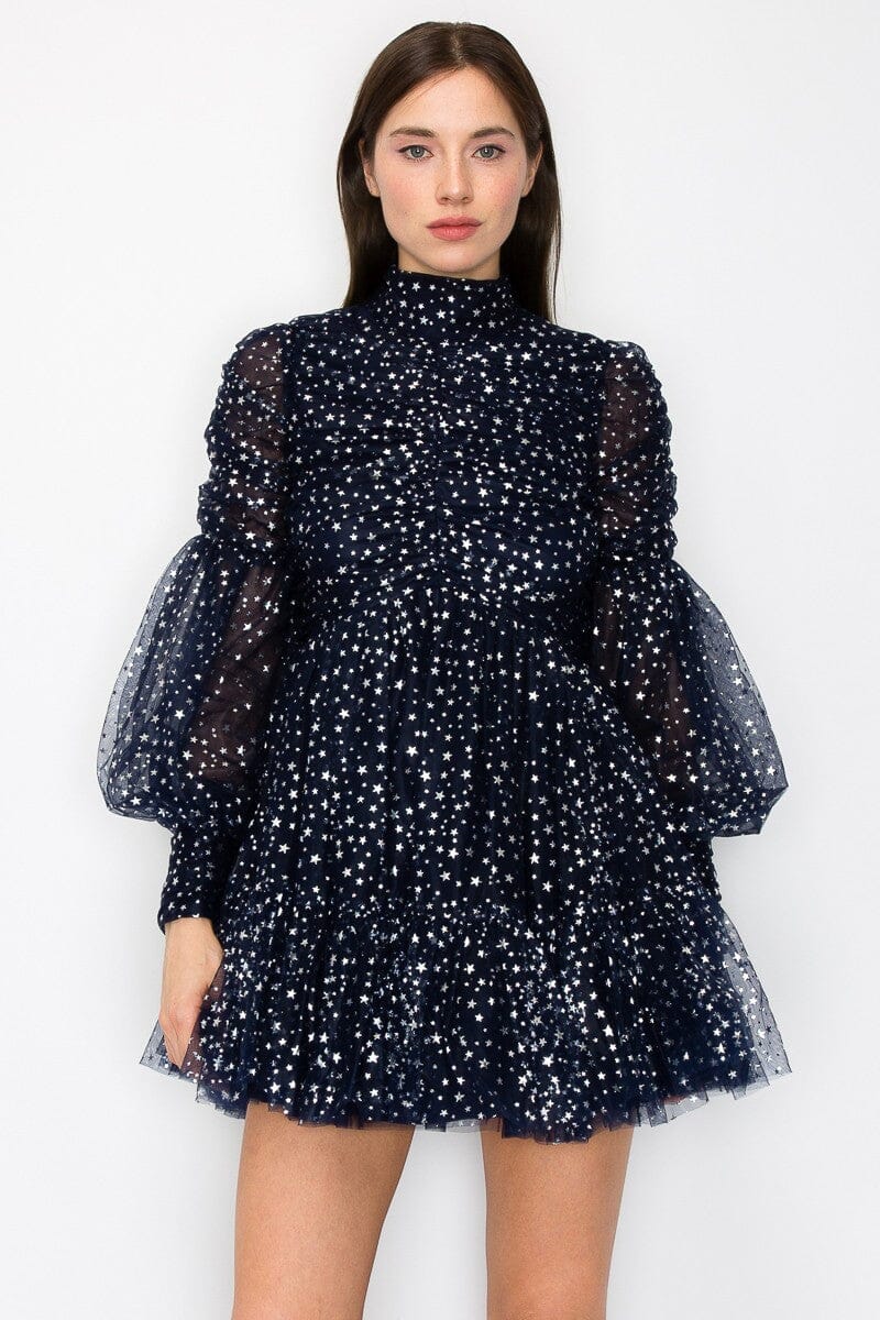 Mockneck Ruched Glitter Long Sleeve Mini Dress INA