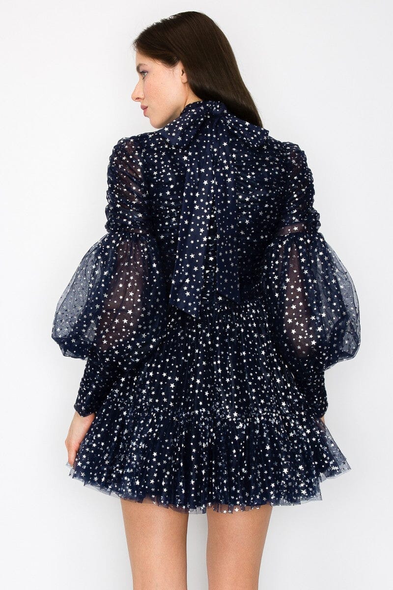 Mockneck Ruched Glitter Long Sleeve Mini Dress INA