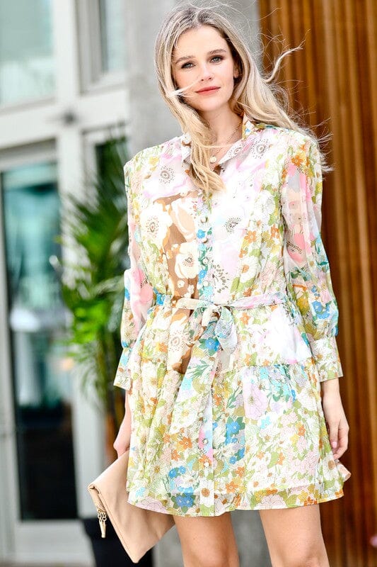 Multi Floral Button Down Dress with Tie mazik