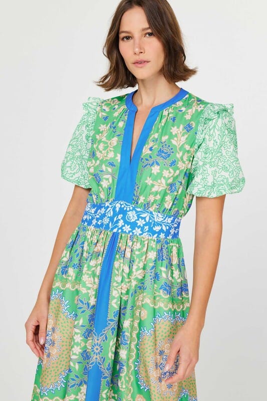 Multi-Floral Puff Sleeve Midi current air