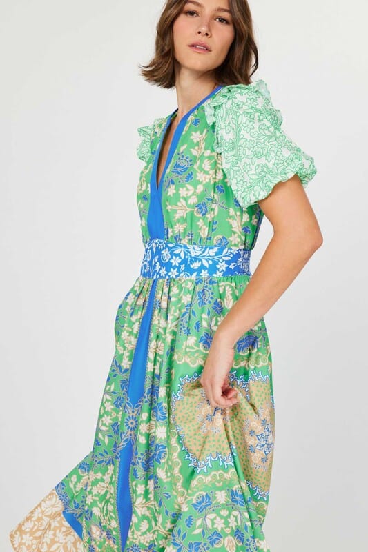 Multi-Floral Puff Sleeve Midi current air