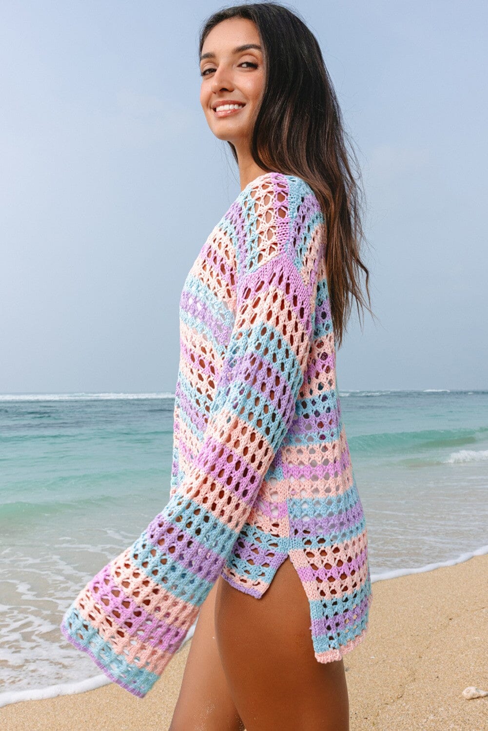 Multi Stripe Open Knit Sweater Beach Cover Up Kentce