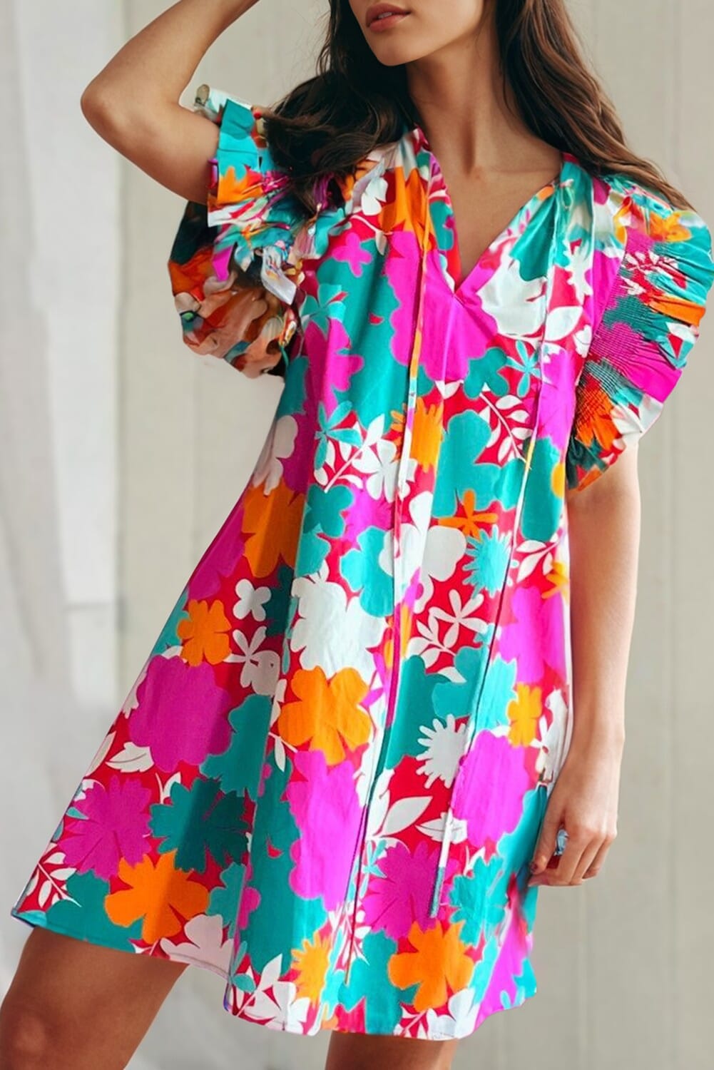 Multicolor Floral Tie Split Flutter Sleeve Dress Shiying