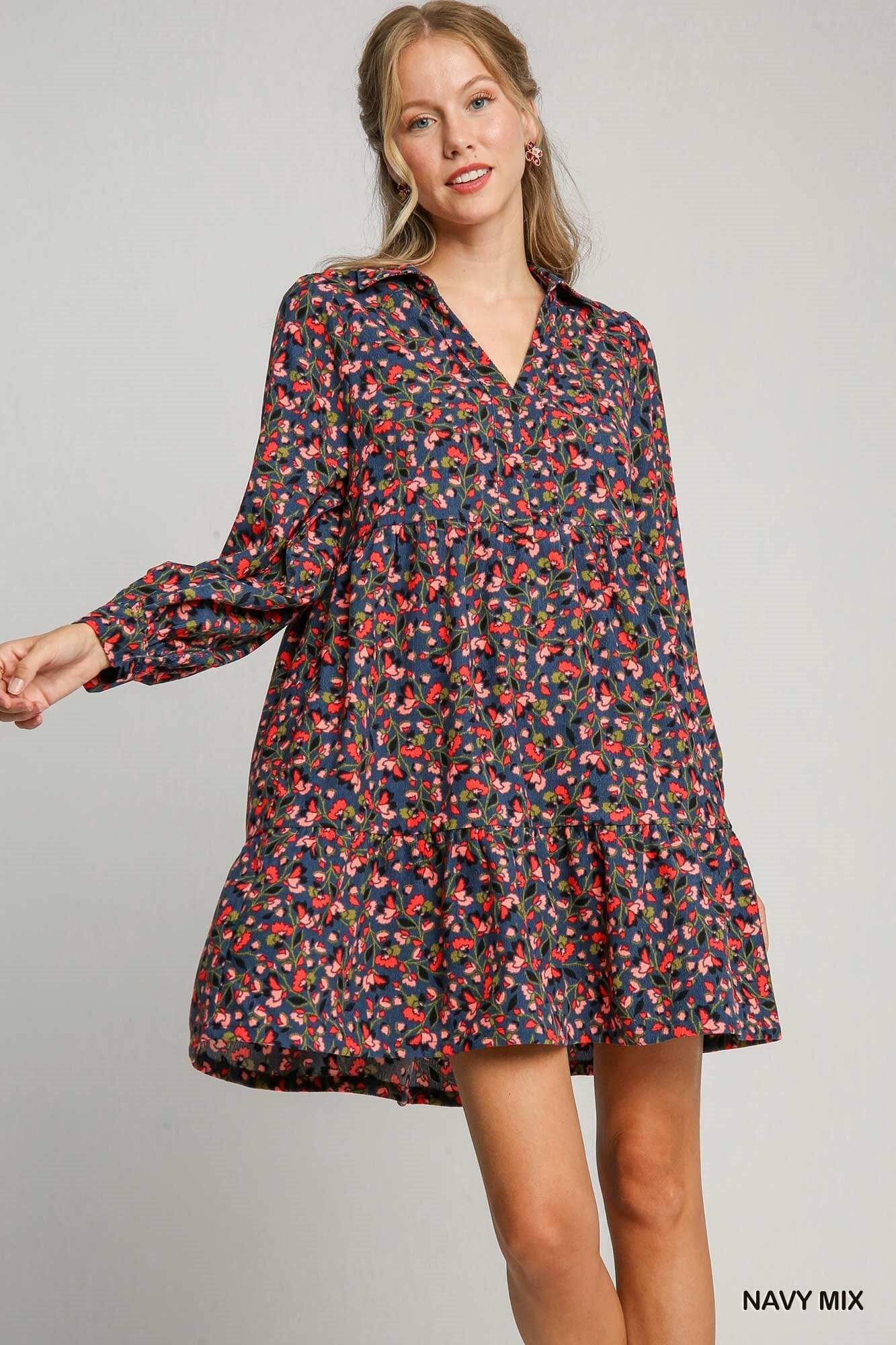 Navy Floral Collared Dress Umgee